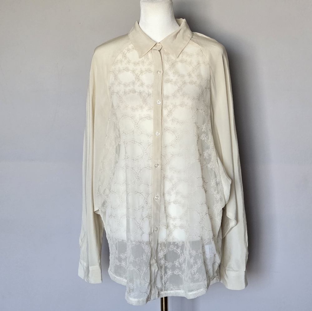 4 Love and Liberty by Johnny Was XS Cream Button Down Embroidered Lace Tunic Top